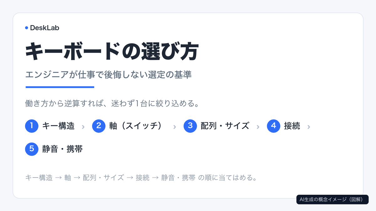 キーボードの選び方 5つの基準の概念図
